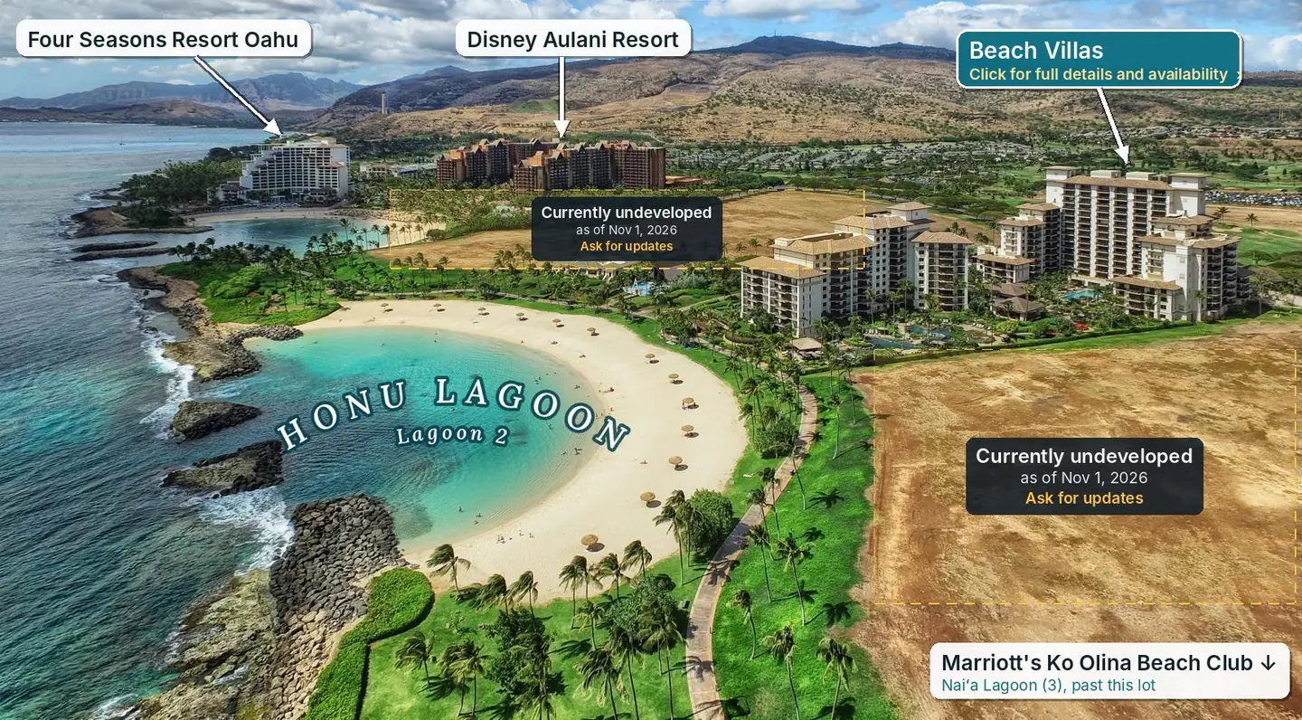 Honu Lagoon with Beach Villas, Disney Aulani Resort and Four Seasons Resort Oahu labelled, and the undeveloped parcels on either side
